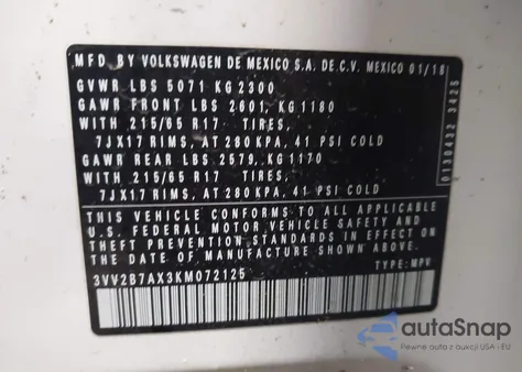 2019 Volkswagen Tiguan 2.0T Se/2.0T Sel/2.0T Sel R-Line/2.0T Sel R-Line Black из США, поврежденный, VIN 3VV2B7AX3KM072125